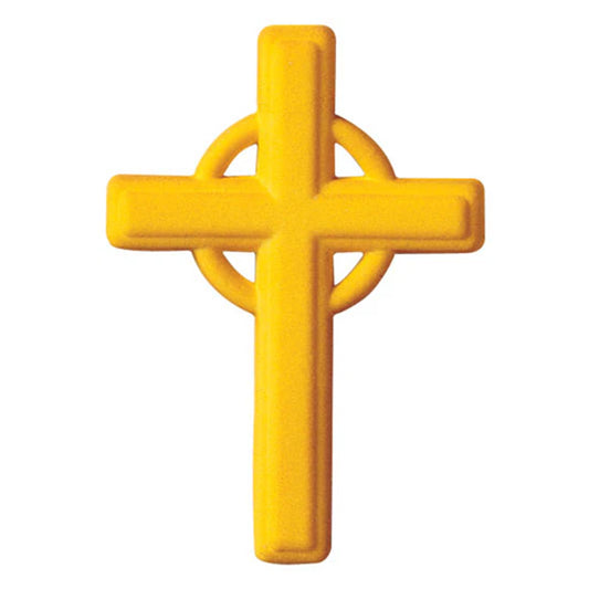 Gold pressed sugar cross decoration, 4.25 inches tall, featuring a classic cross design with circular detail, ideal for cake toppers.