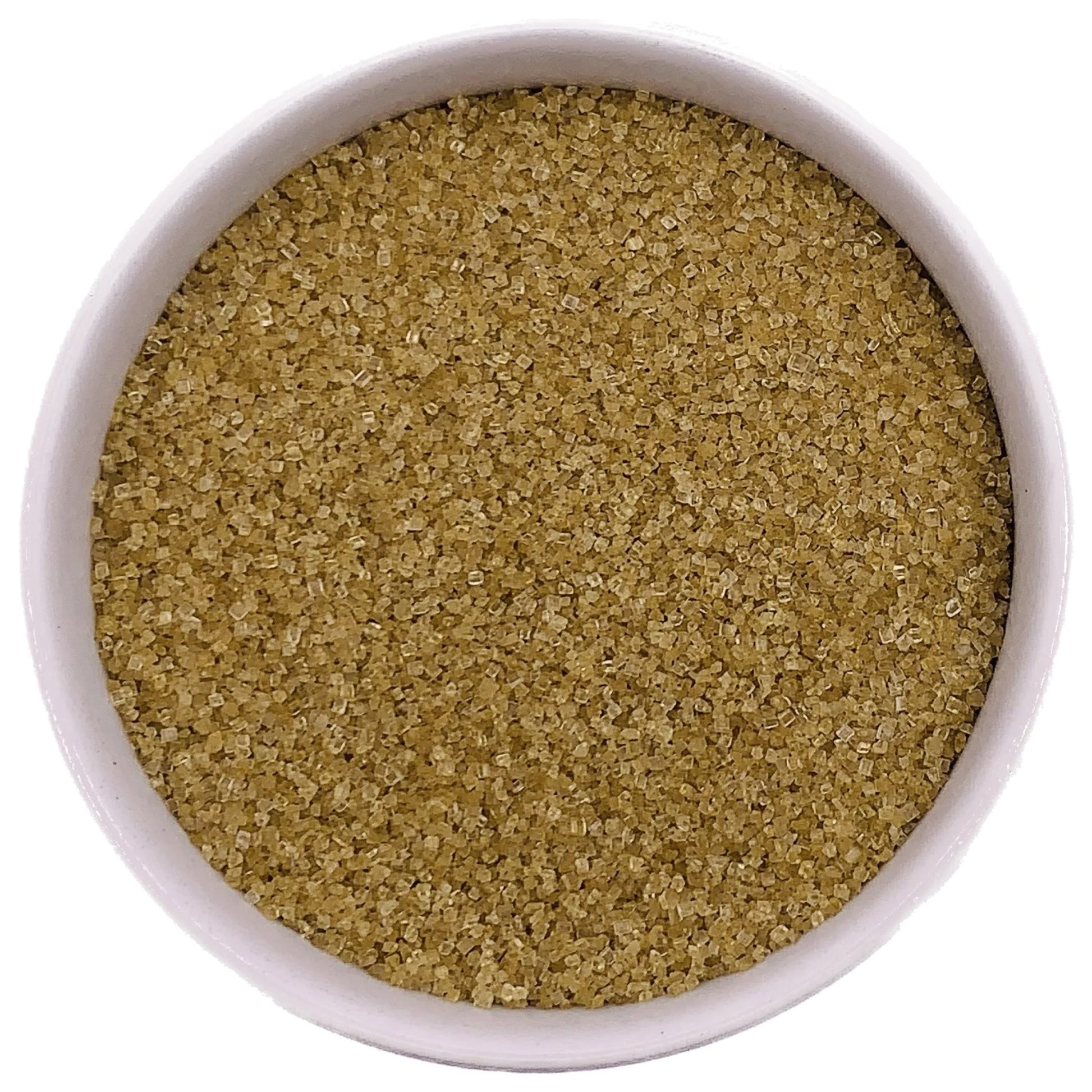 Bowl of gold fine sanding sugar crystals on a white background.