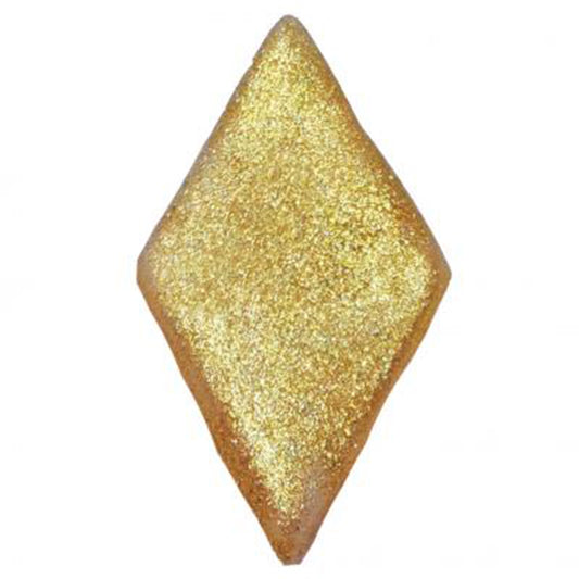 Close-up of a pointed diamond-shaped decoration coated in shimmering metallic gold Imperial Highlighter Glitter Dust against a white background.