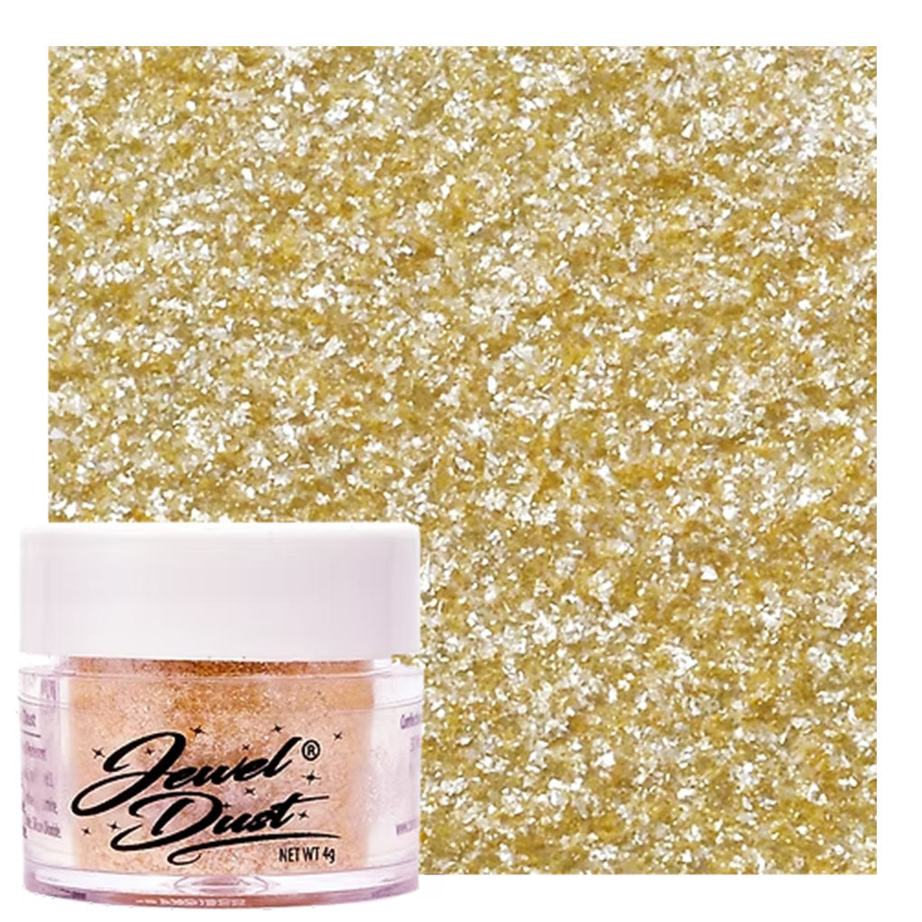 Gold Jewel Dust edible glitter jar with metallic yellow sparkle swatch for cakes, cookies, and desserts.