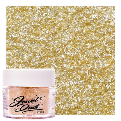 Gold Jewel Dust edible glitter jar with metallic yellow sparkle swatch for cakes, cookies, and desserts.