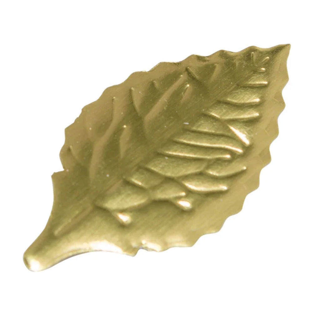 Metallic gold foil rose leaf cake decoration measuring approximately 1.3 x 0.95 inches with raised veins, serrated edges, and a curved shape, sold in a 144-count package.