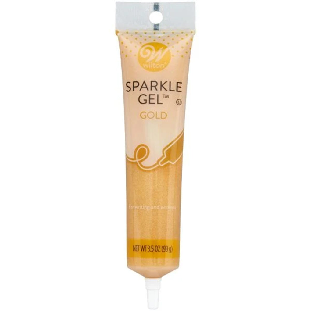 Wilton Gold Sparkle Gel in a 3.5-ounce squeeze tube filled with metallic gold shimmering decorating gel and a pointed piping tip.