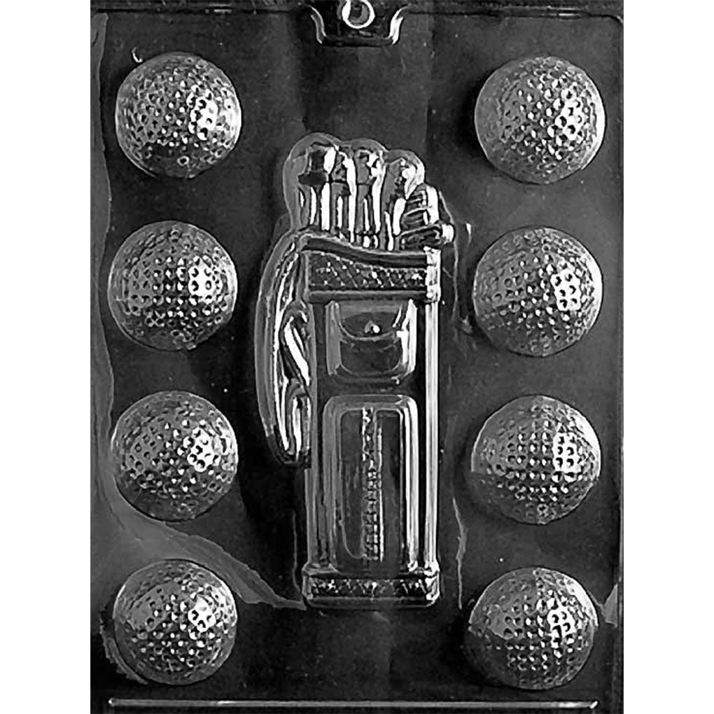 Nine-cavity golf bag and balls chocolate mold with one detailed 6 3/8-inch golf bag and eight 1 5/8-inch dimpled golf balls.