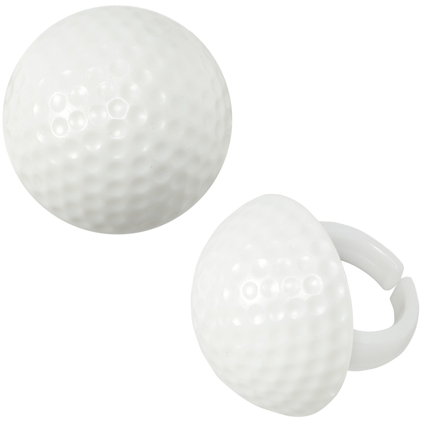 Close-up of a white dimpled golf ball cupcake ring on a white background, showing the round ball detail attached to a ring.