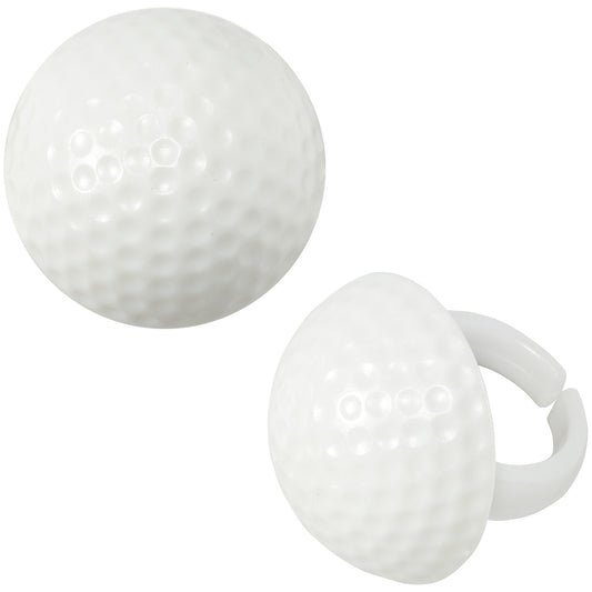 Close-up of a white dimpled golf ball cupcake ring on a white background, showing the round ball detail attached to a ring.