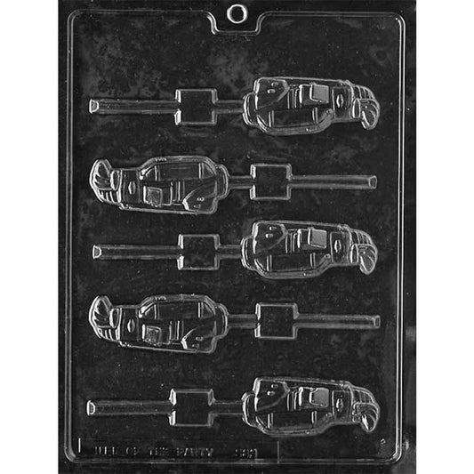 Five-cavity golf bag chocolate lollipop mold with raised golf clubs, pockets, and stick channels; each cavity measures about 2 7/8" x 1 1/4" x 3/8" deep