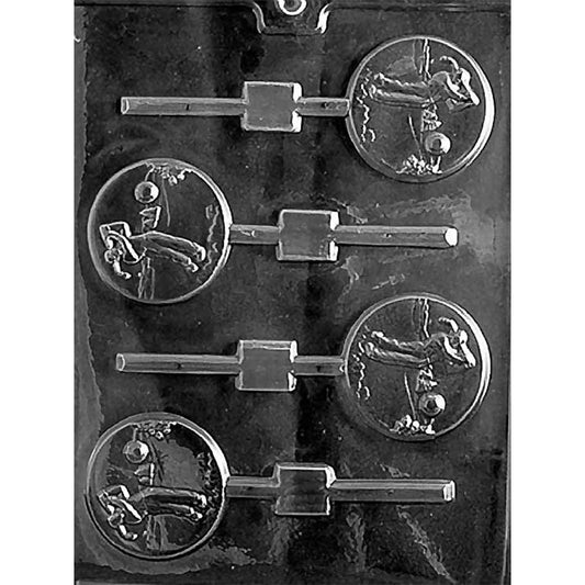 Golfer chocolate lollipop mold with four round cavities featuring a golfer mid-swing, a golf ball, course scenery, and stick channels