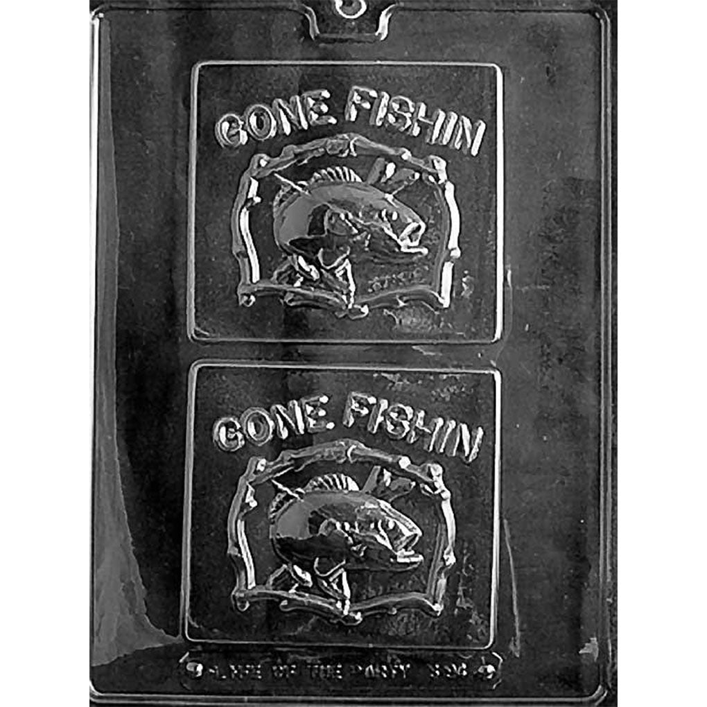 Gone Fishin’ chocolate mold with two square bar cavities featuring raised lettering and a fish scene