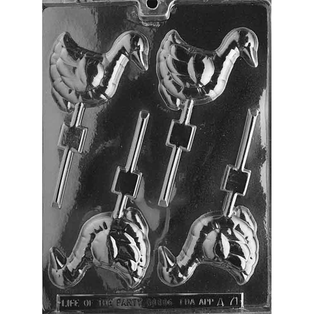 Black plastic chocolate lollipop mold with four goose-shaped cavities, each with a long neck and wing details, plus stick channels for making goose chocolate pops.