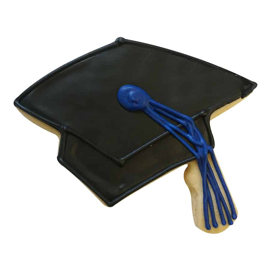 Graduation cap cookie decorated with black icing and a blue tassel, made using the 4.5-inch cookie cutter.