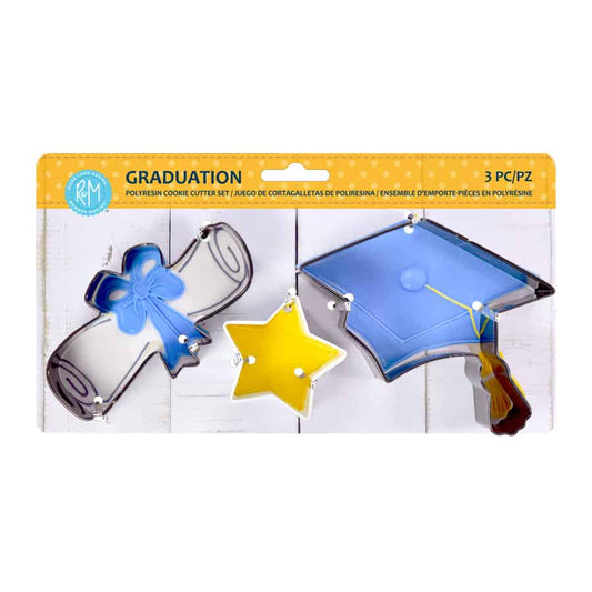 Graduation-themed cookie cutter set in packaging, featuring a cap, diploma, and star.