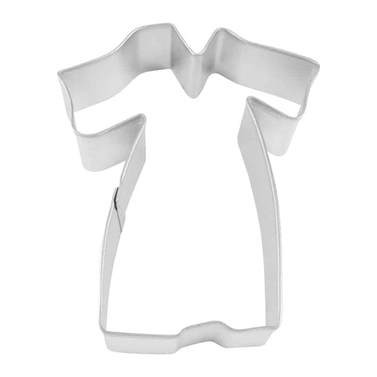 A silver metal cookie cutter shaped like a gown or dress, designed for making cookies for weddings, graduations, and themed parties.