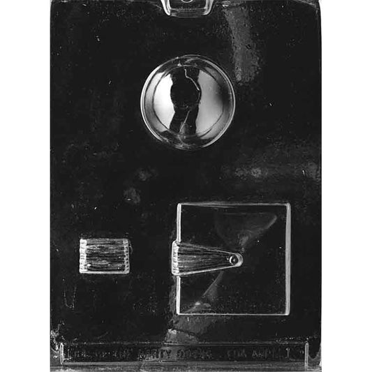 Clear plastic graduation mortarboard 3D chocolate mold with separate cavities for the cap top, a square base, and a tassel piece, shown on a dark background.