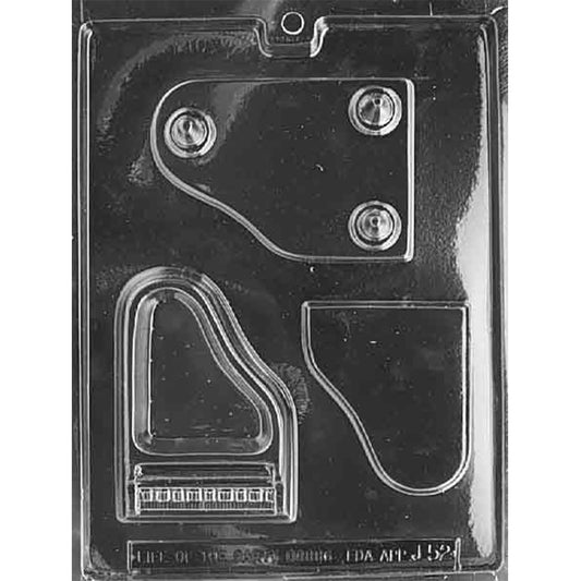 Clear plastic Grand Piano Chocolate Mold with three cavities for a base with support legs, a piano body with keyboard detail, and a curved lid