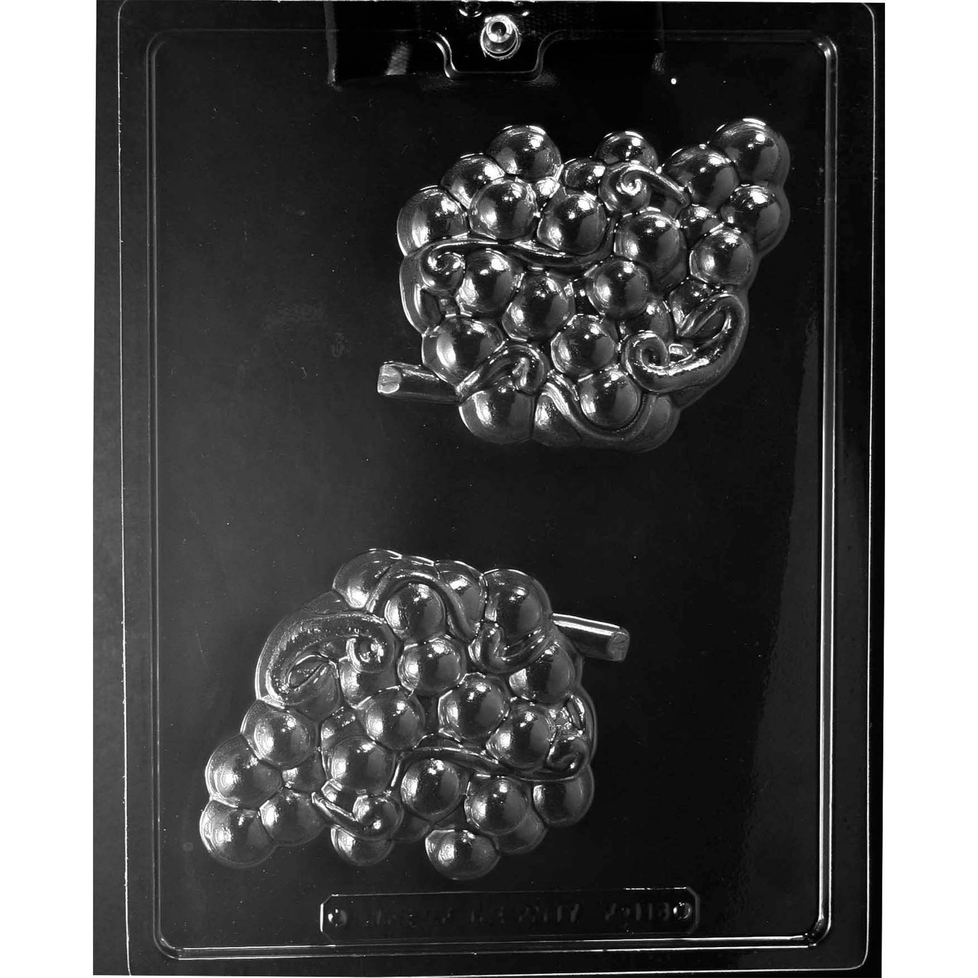 Plastic chocolate mold with two large grape cluster cavities featuring detailed grapes and curling vine accents.
