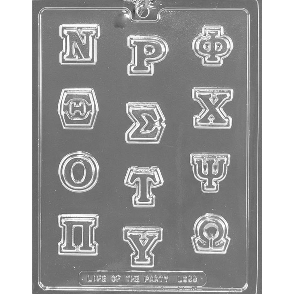 Clear plastic Greek letter chocolate mold with 12 block-style cavities representing Nu through Omega