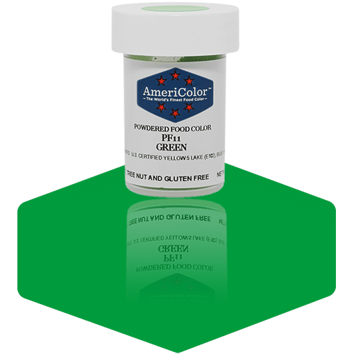 AmeriColor Green powdered food coloring 3 gram container featuring bright green powder for leaves and holiday decorating.