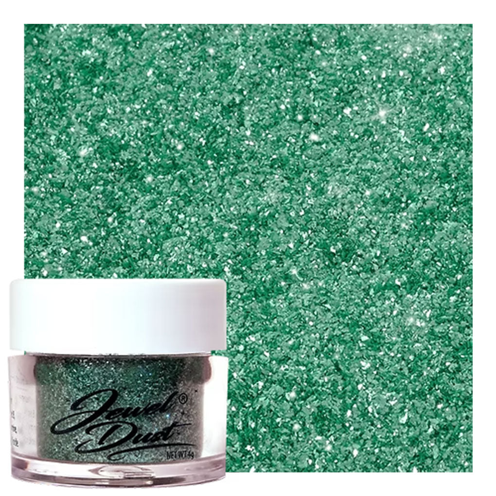 Green Jewel Dust edible glitter jar with emerald sparkle swatch for cake decorating, drinks, and desserts.
