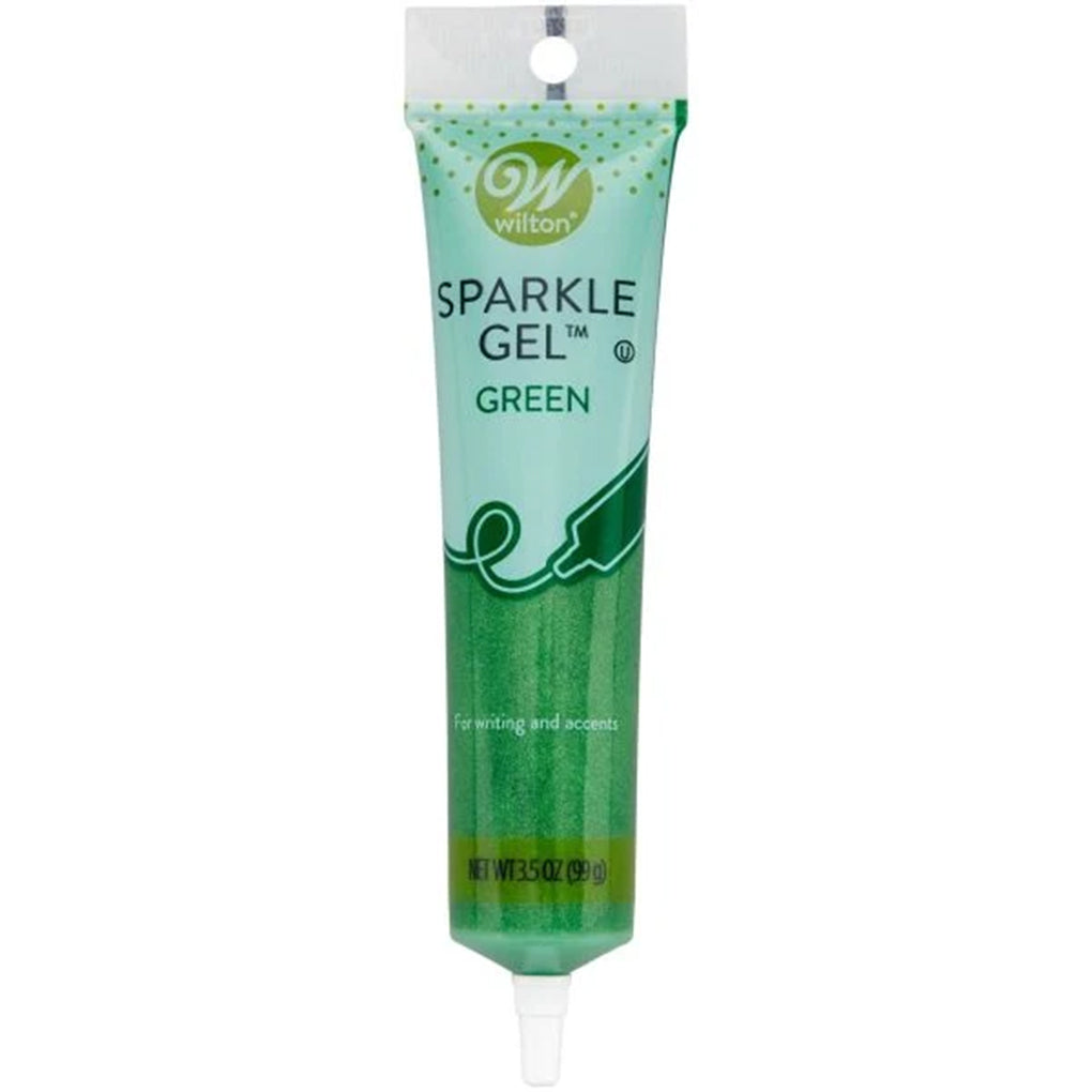Wilton Green Sparkle Gel in a 3.5-ounce squeeze tube filled with bright green shimmering decorating gel and a narrow piping tip.