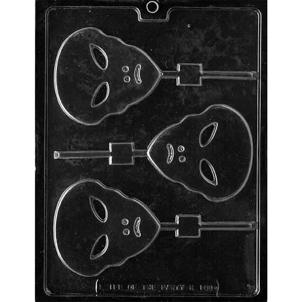 Three-cavity grey alien head chocolate lollipop mold with 3 1/2-inch faces, almond-shaped eyes, tapered chins, and built-in stick channels