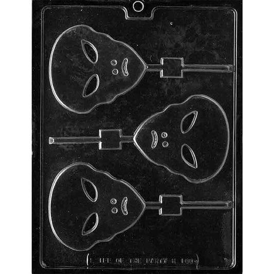 Three-cavity grey alien head chocolate lollipop mold with 3 1/2-inch faces, almond-shaped eyes, tapered chins, and built-in stick channels
