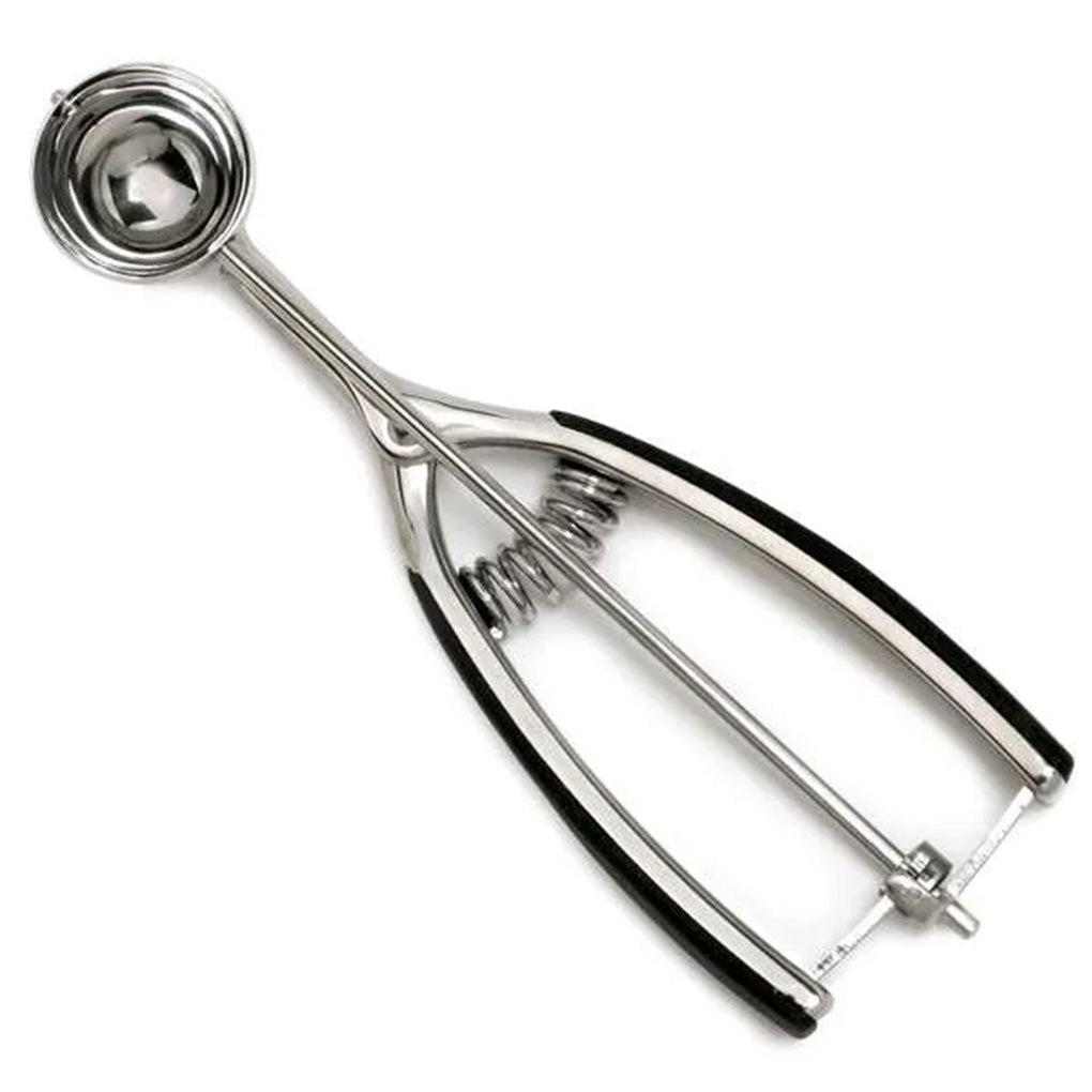 #96 stainless steel cookie scoop with a 31 mm bowl, spring-action mechanism, and black soft-grip handles shown on a white background.