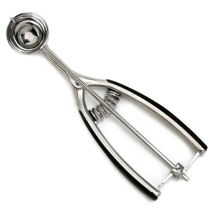 #96 stainless steel cookie scoop with a 31 mm bowl, spring-action mechanism, and black soft-grip handles shown on a white background.