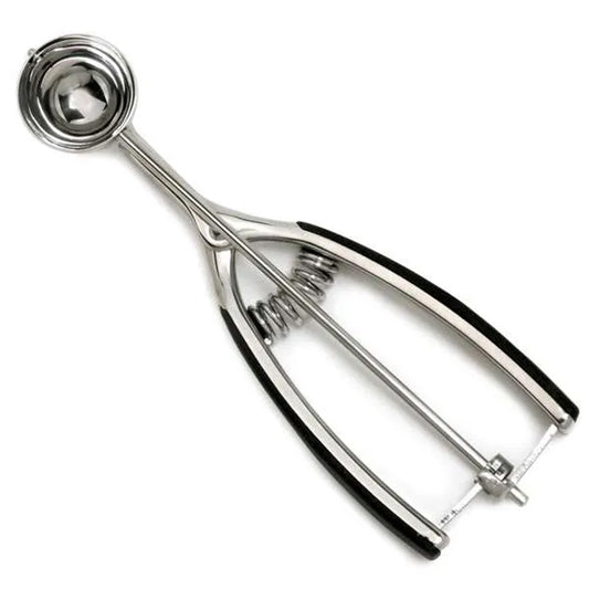 #96 stainless steel cookie scoop with a 31 mm bowl, spring-action mechanism, and black soft-grip handles shown on a white background.