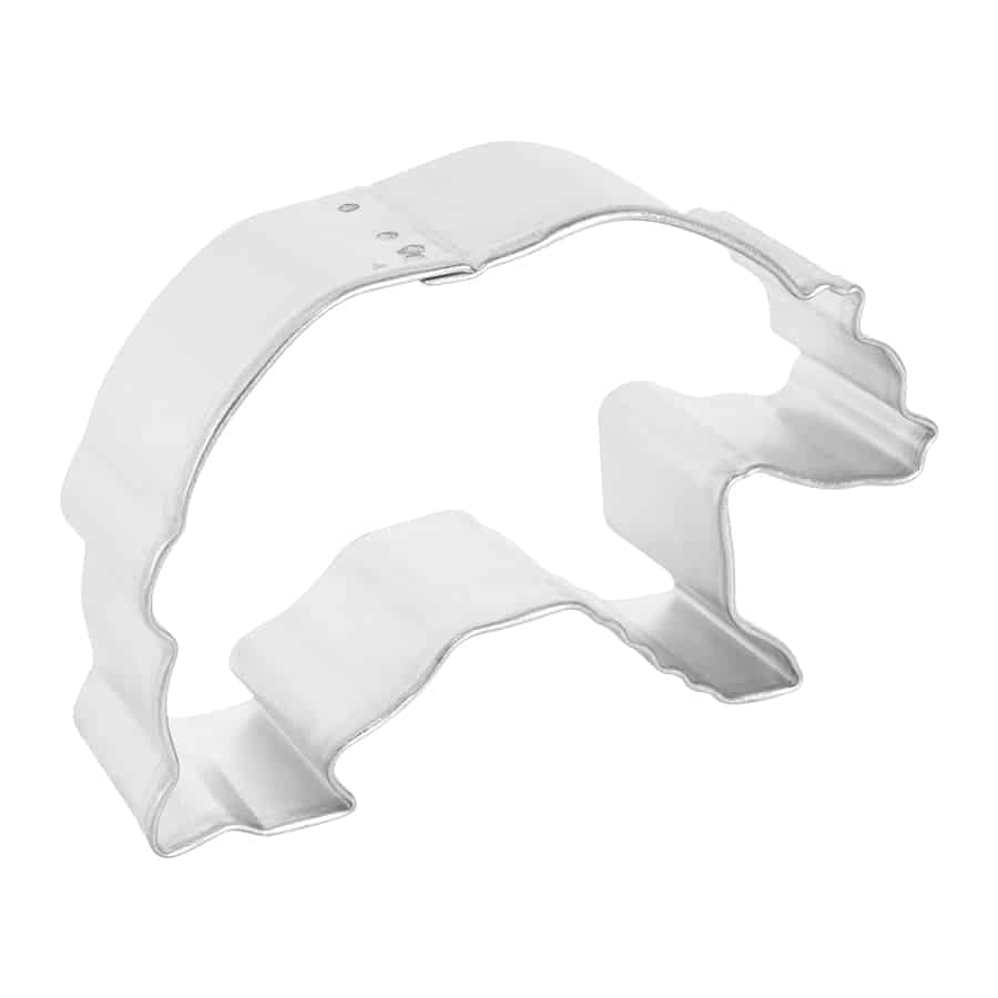 Side view of a grizzly bear-shaped tin cookie cutter, highlighting its depth and durable construction.