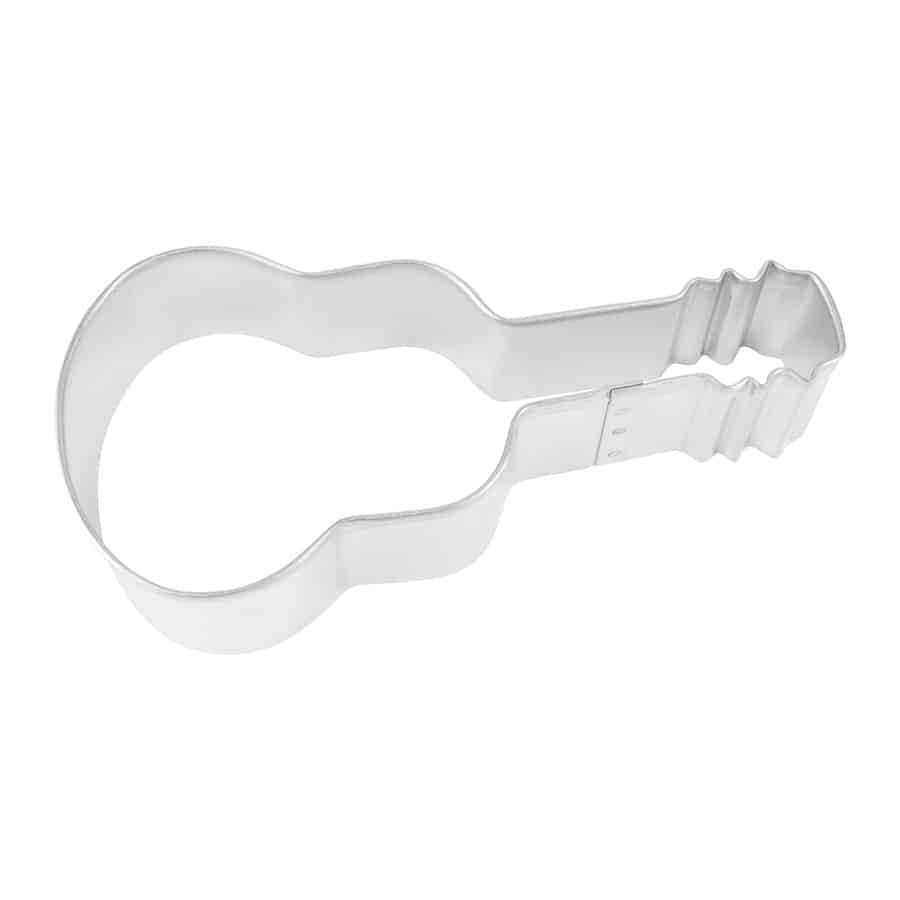 Guitar-shaped cookie cutter made of tinplated steel, top-down view.