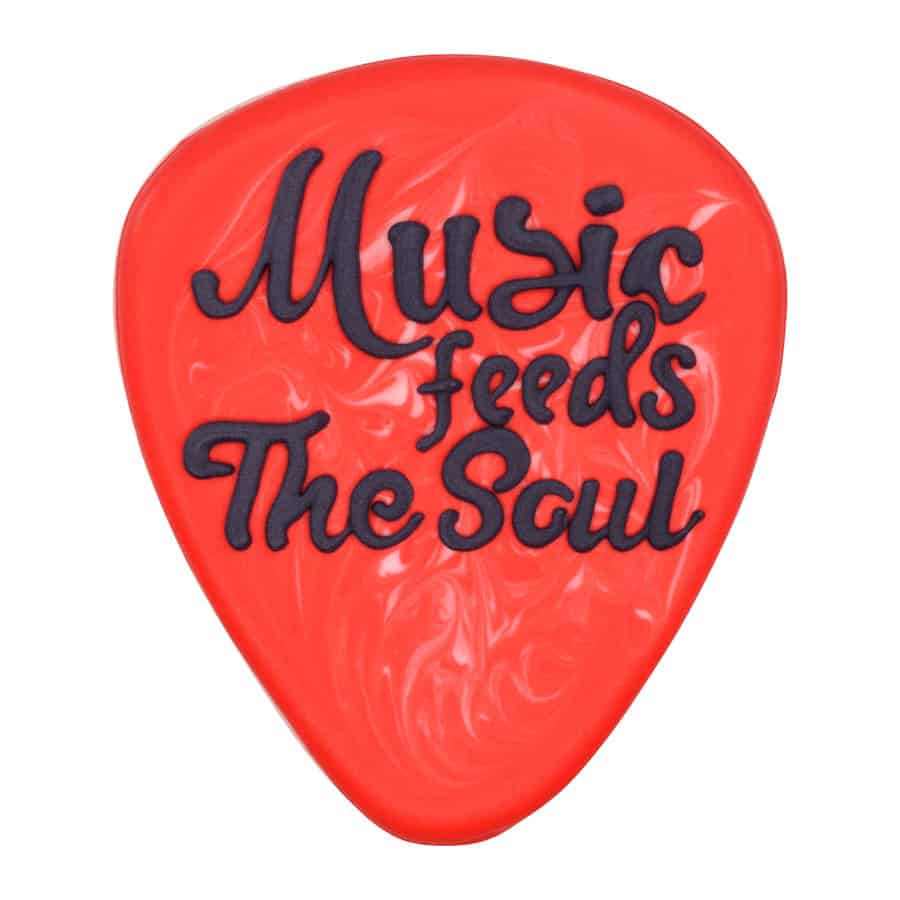 Decorated guitar pick-shaped cookie with red icing and black lettering reading "Music feeds the soul."