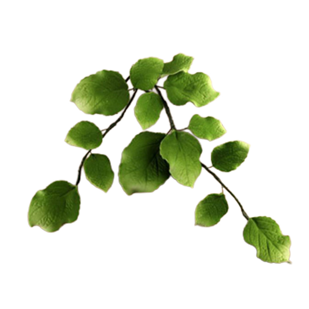 wo wired gum paste rose leaf stems with layered green leaves on thin dark stems, arranged on a white background for cake decorating.