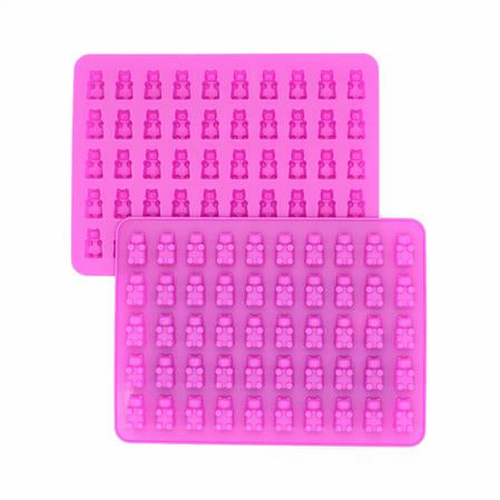 Two pink silicone molds with 50 gummy bear-shaped cavities each, designed for making candies, gummies, chocolates, and mini frozen treats.