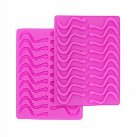 Two bright pink silicone molds with 20 worm-shaped cavities each, ideal for making gummy worm candies, chocolate shapes, and frozen treats.