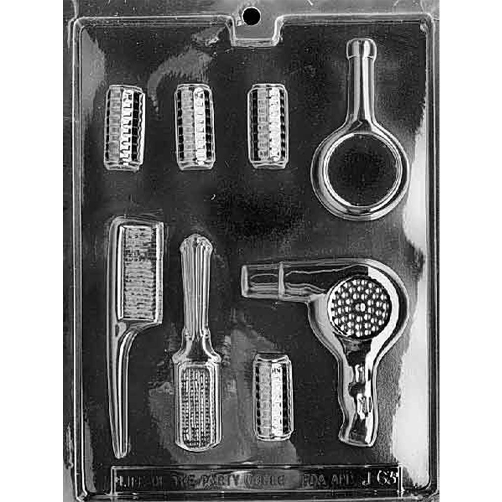 Clear plastic Hair Styling Set Chocolate Mold with eight cavities shaped like four hair rollers, a hand mirror, comb, brush, and hair dryer