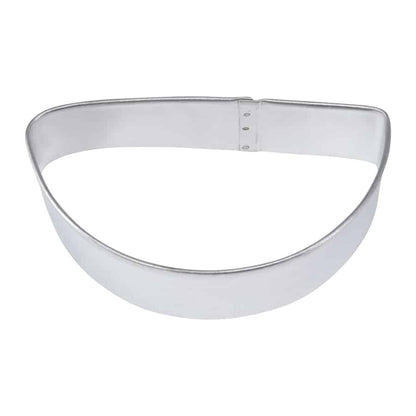 Half-circle cookie cutter made of silver metal, showing its smooth curved shape.