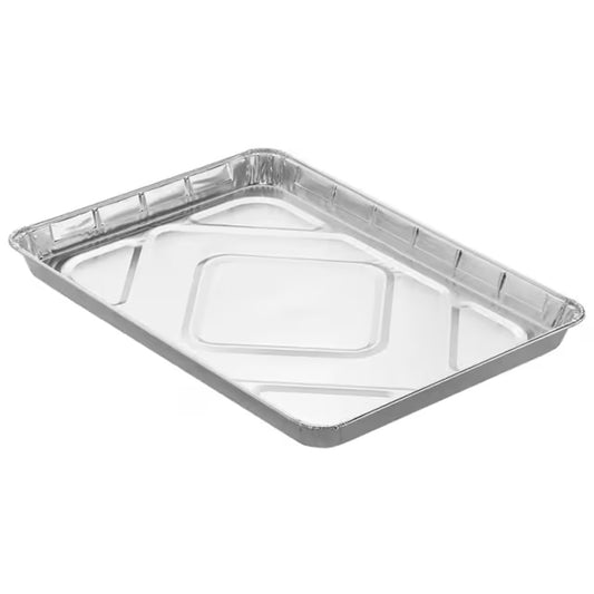 Disposable aluminum half sheet foil cake pan with a shallow rectangular shape, crimped rim, and ridged sides, photographed on a white background.