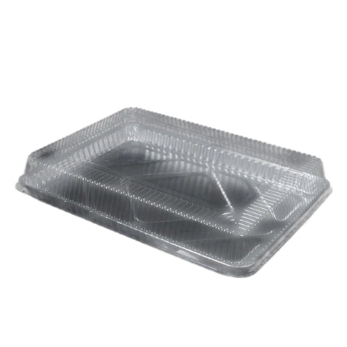 Clear plastic dome lid for a half sheet foil cake pan on a white background.