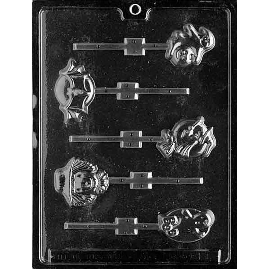 Clear chocolate lollipop mold with five assorted Halloween cavities featuring a ghost with pumpkin, bat and moon, flying witch, scarecrow face, and ghost over the word BOO.