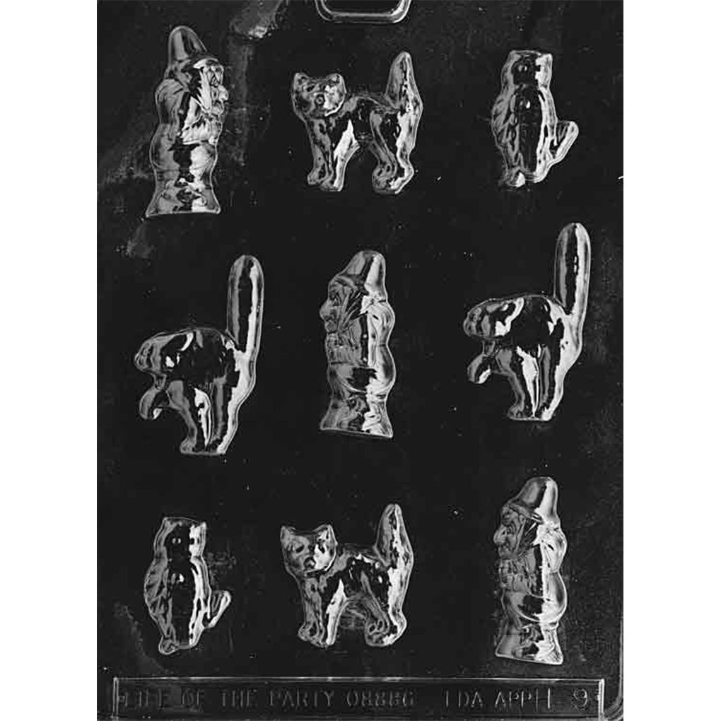 Clear plastic Halloween chocolate mold with nine cavities featuring three witches, two owls, two standing cats, and two arched-back cats