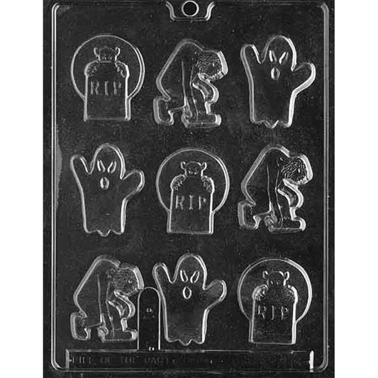 Clear Halloween chocolate mold photographed against a black background with nine cavities in assorted RIP grave, ghost, and hunched monster shapes.