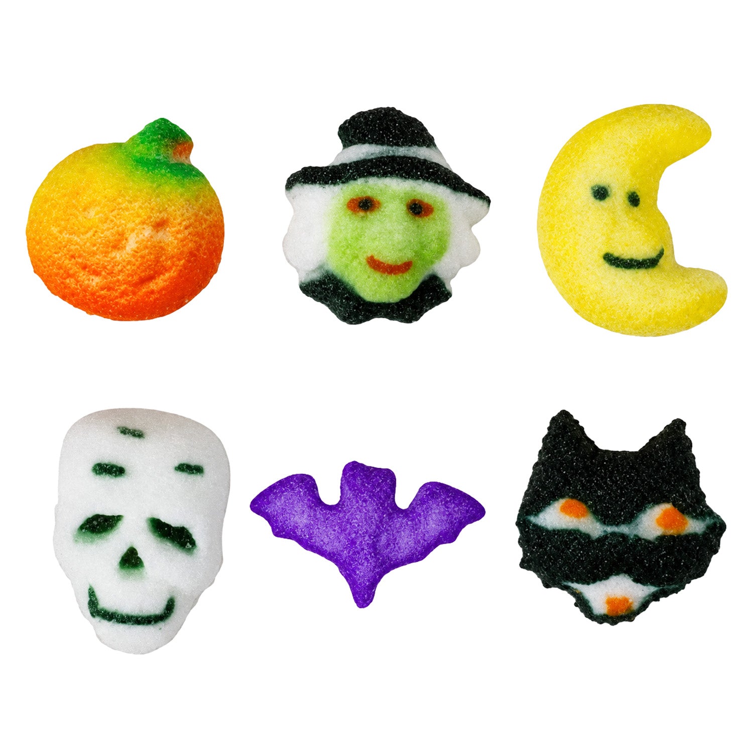 Six assorted 3/4-inch Halloween pressed sugar edible decorations featuring an orange pumpkin, witch face, yellow crescent moon, white skull, purple bat, and black cat.