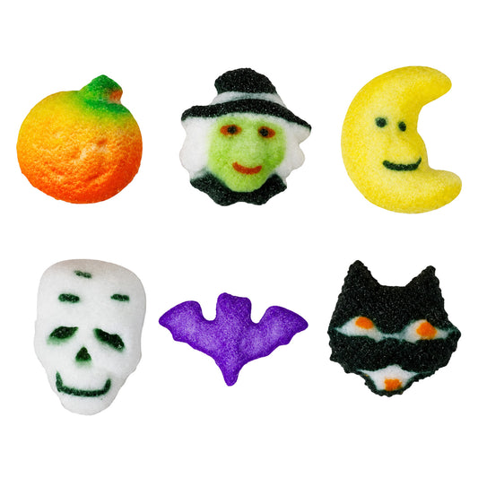 Six assorted 3/4-inch Halloween pressed sugar edible decorations featuring an orange pumpkin, witch face, yellow crescent moon, white skull, purple bat, and black cat.