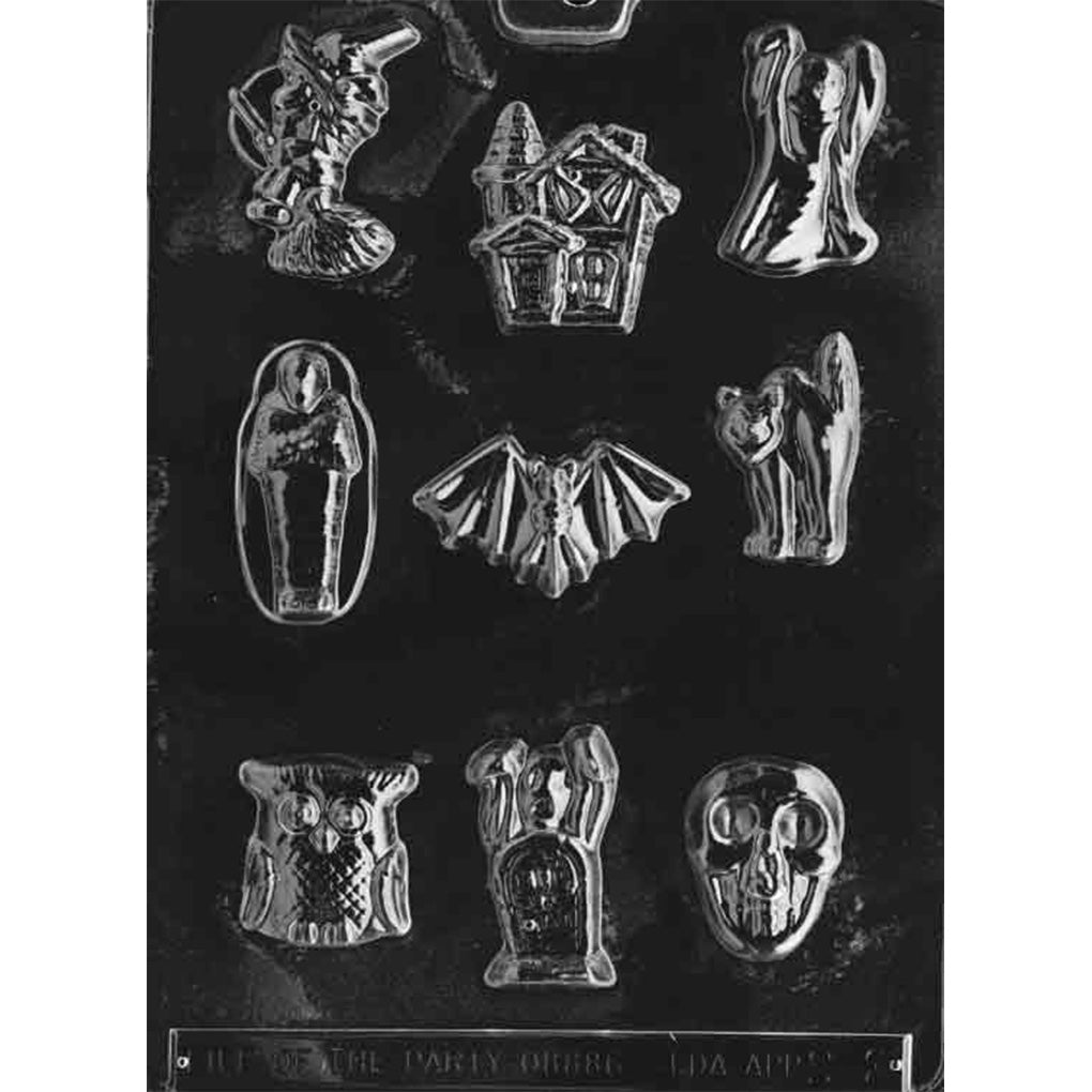 Halloween Assortment with House Chocolate Mold with cavities shaped like a witch on broom, haunted house, ghost, mummy, bat, black cat, owl, gravestone ghost, and skull.