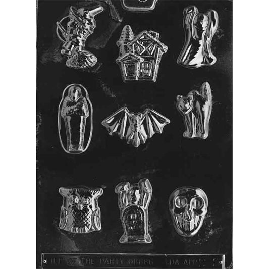 Halloween Assortment with House Chocolate Mold with cavities shaped like a witch on broom, haunted house, ghost, mummy, bat, black cat, owl, gravestone ghost, and skull.