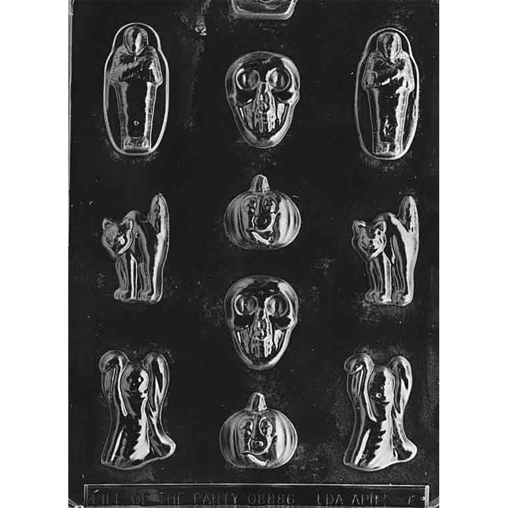 Clear plastic Halloween Assortment with Pumpkin Chocolate Mold with ten cavities: two each of mummies, skulls, pumpkins, cats, and ghosts