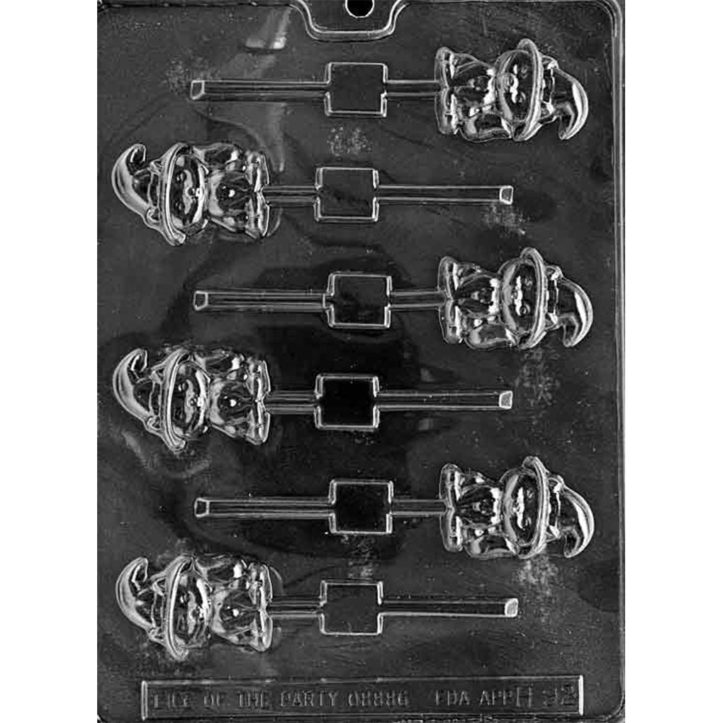 Clear plastic chocolate lollipop mold with eight small cavities shaped like a cat face wearing a pointed witch hat, with stick channels for Halloween chocolate pops.