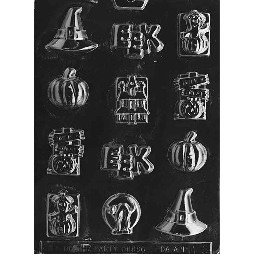 Clear plastic chocolate mold with assorted Halloween cavities including a witch hat, pumpkin, haunted house, “EEK,” trick-or-treat sign, ghost-themed piece, and cat in front of a full moon.