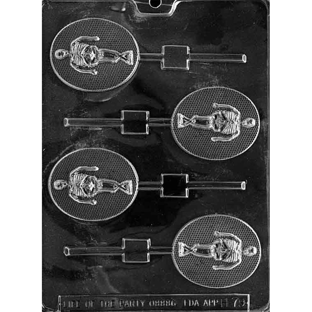 Clear plastic chocolate lollipop mold with five oval cavities, each showing a cartoon skeleton figure with textured background and a stick channel, on a dark backdrop.